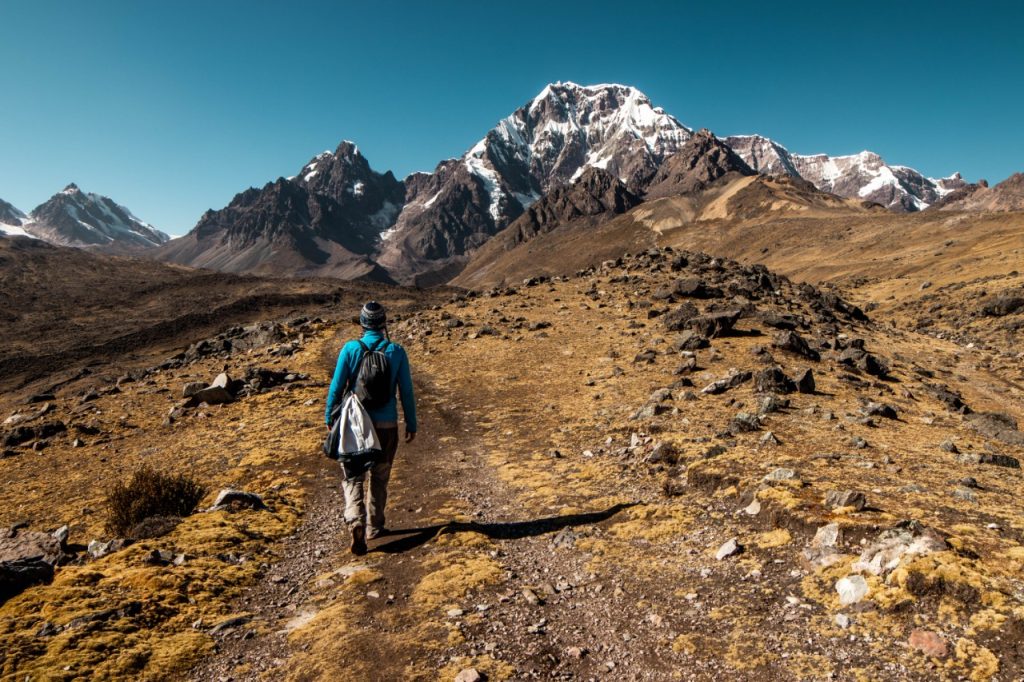 Panoramic view of the 7 Lagoons of Ausangate surrounded by rugged peaks